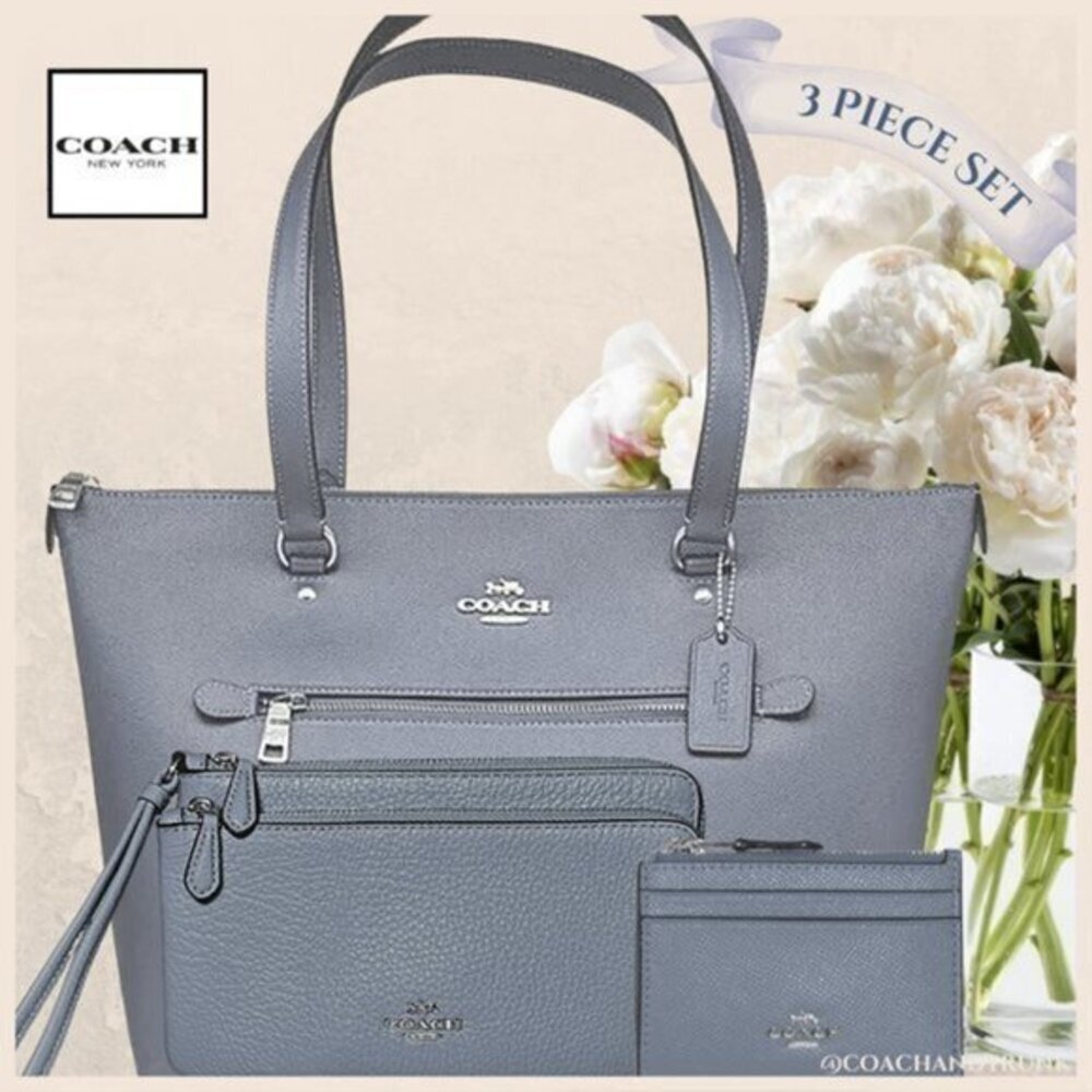 COACH LEATHER 3 PIECE SET Marble Blue Gallery Tote Double Zip Wallet + Card Case